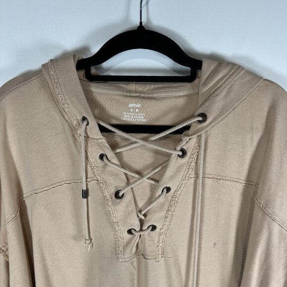 Aerie Hoodie Sweatshirt Beige Lace Up Oversized Pullover Lounge Size Medium - Picture 2 of 10
